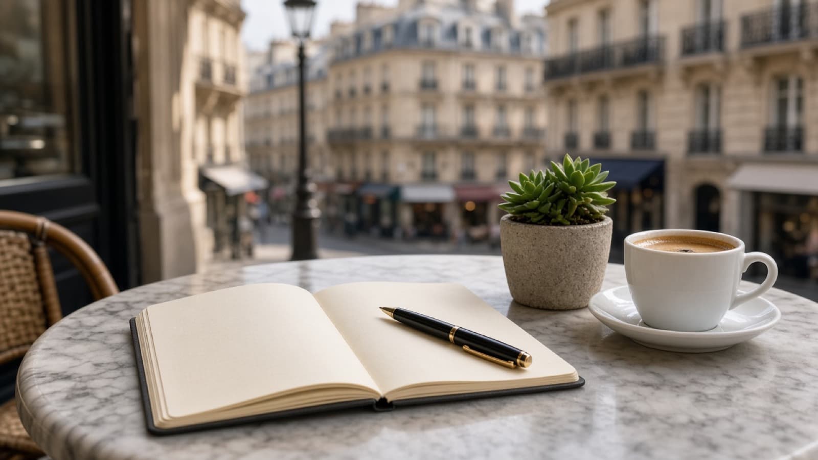 Paris café table with notebook, plant, and coffee