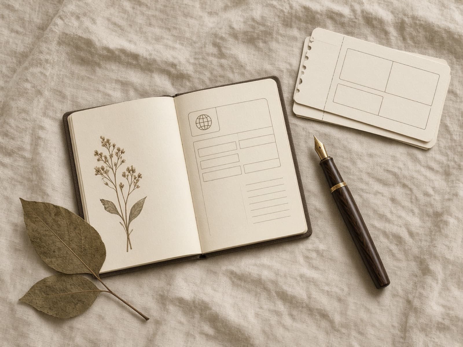 Travel flat-lay with passport, tickets, and pressed leaf